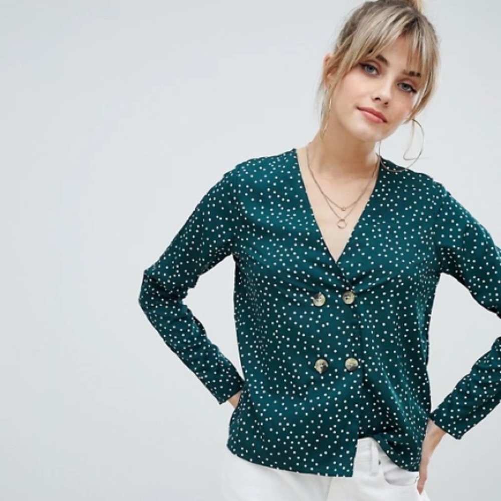 Boohoo Green Polka Dot Top Button Up